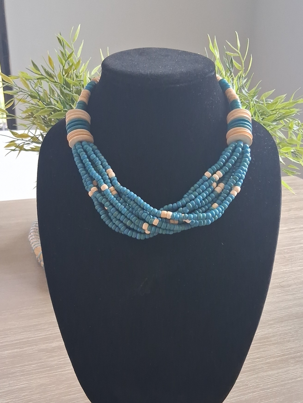 Vintage Teal and Natural Wooden Beaded Multi-Strand Statement Necklace